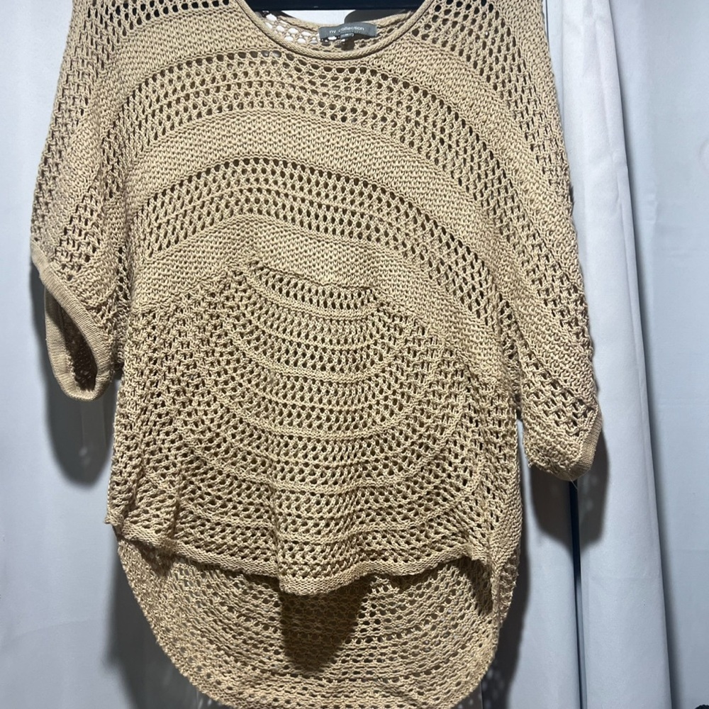NY Collection Tan Open-Knit Poncho - Picture 2 of 4
